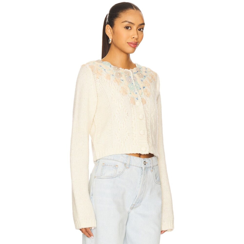 Free People Women's Pixie Beaded Floral Cardigan Scoop Neck Ivory Size M
